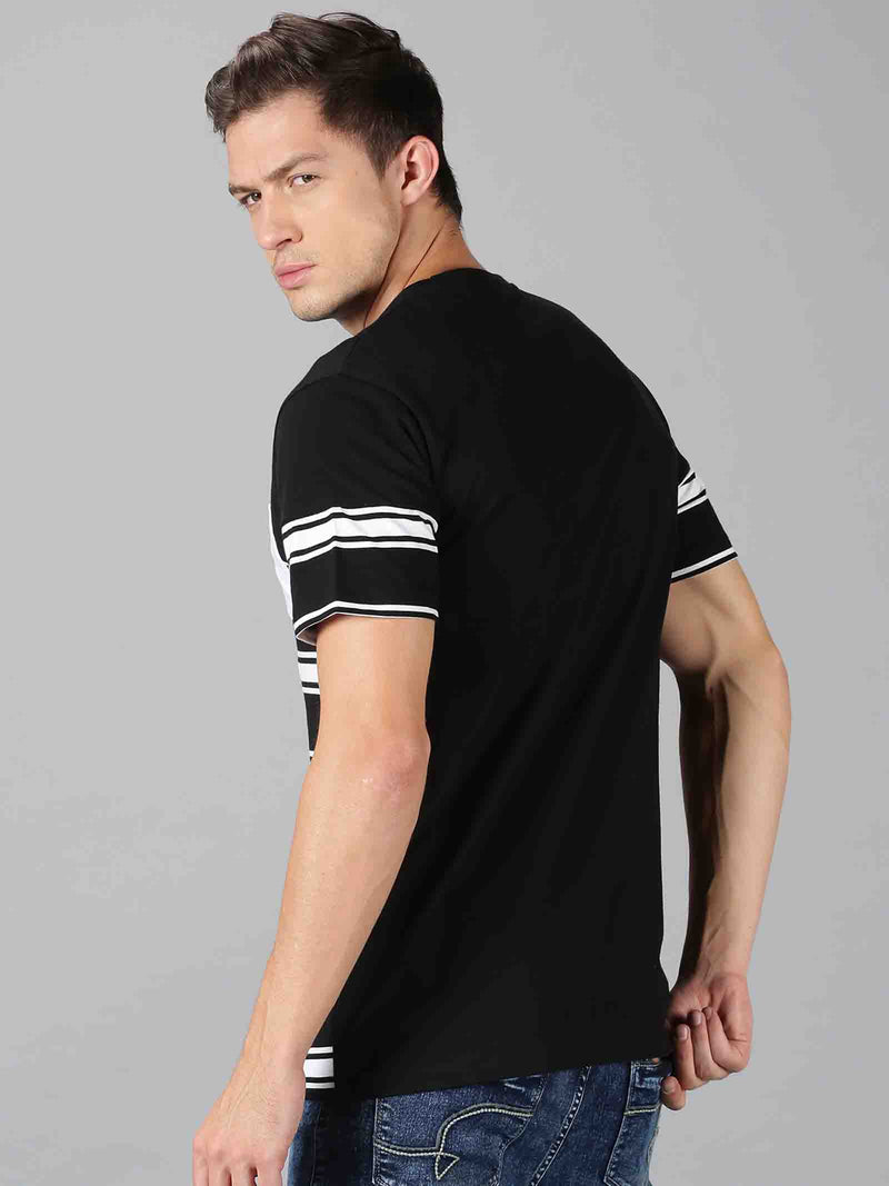 Men Black Striped Round Neck T-Shirt