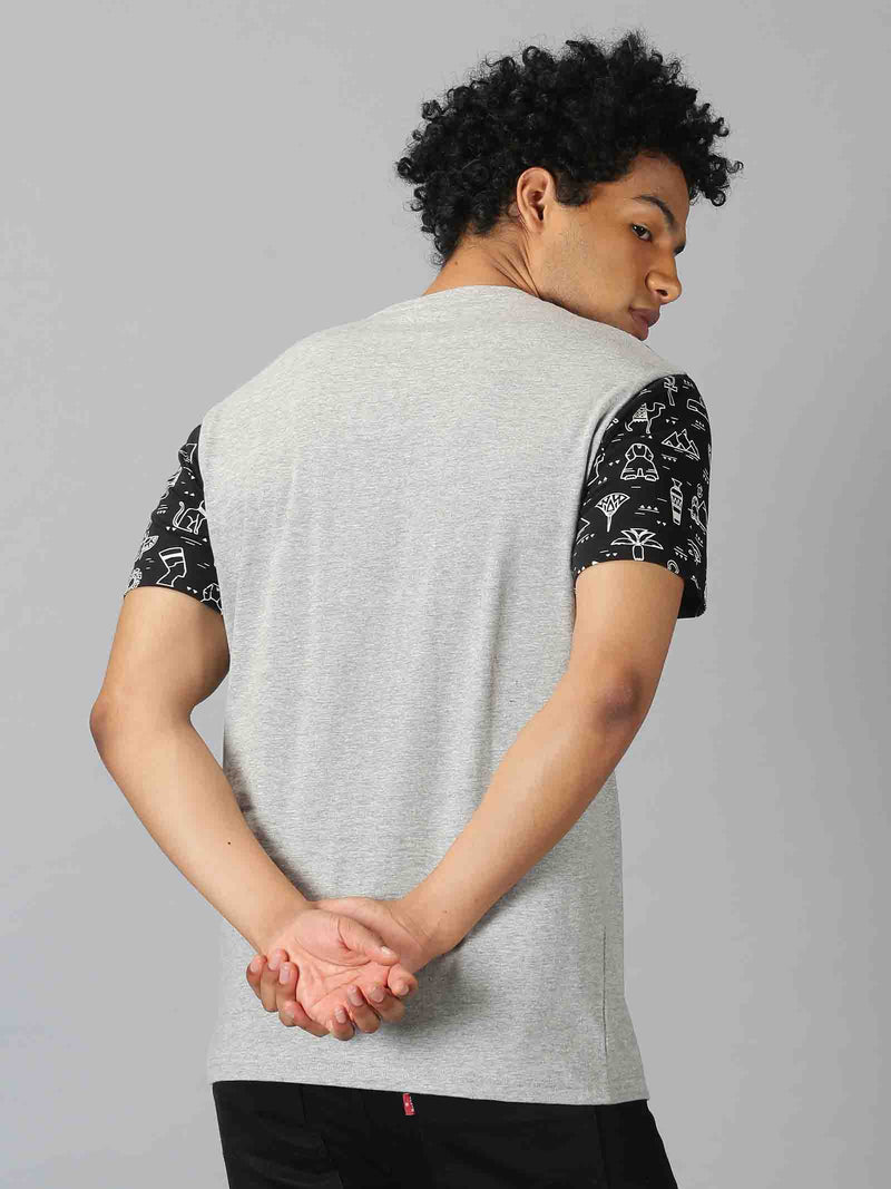 Men Grey Printed Round Neck T-Shirt